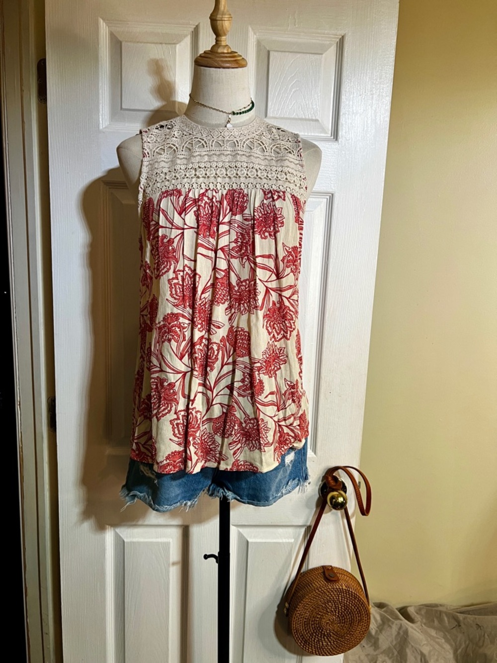 New Pale Sky Wms Cotton Embroidery Inset Pleated Floral Boho Cottagecore Top M